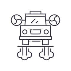 Flying car icon, linear isolated illustration, thin line vector, web design sign, outline concept symbol with editable stroke on white background.