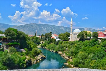 Green city of Bosnia and Herzegovina. City of Mostar, Bosnia and Herzegovina. Green Neretva River,...