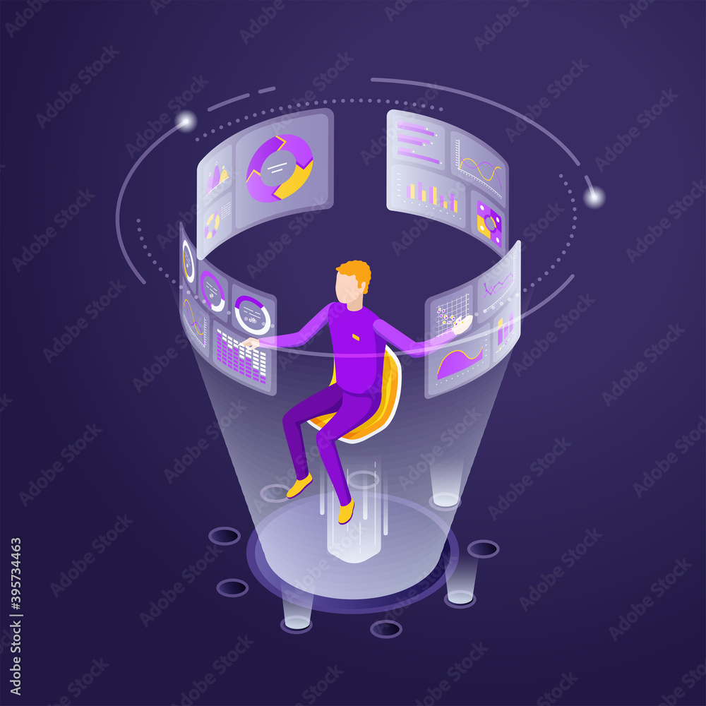 Poster isometric vector illustration on dark background, a man in a virtual office working with data, finan
