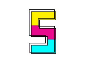 5 font number made of black frame outline shadow of font pink, blue, yellow color. Vector illustration for logo, design element, poster and more