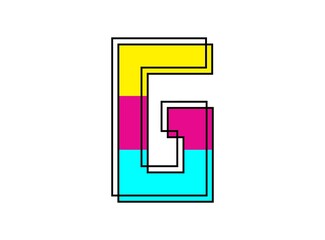 G font letter made of black frame outline shadow of font pink, blue, yellow color. Vector illustration for logo, design element, poster and more