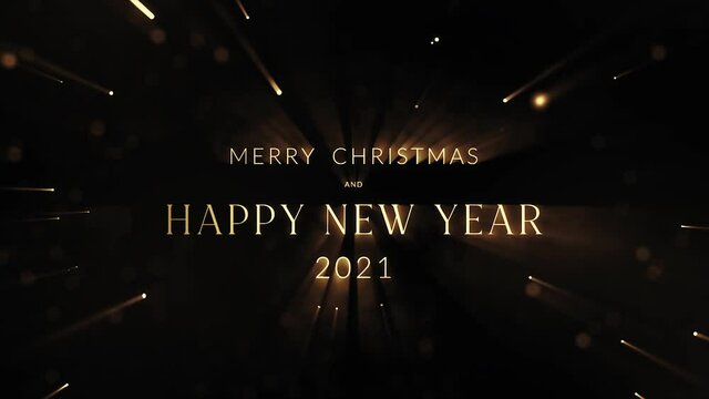 Elegant flickering gold stylish bright glitter with light, sparks and particles on black background. Merry Christmas and Happy new year 2021! Golden snine background. Magic 4K animation.