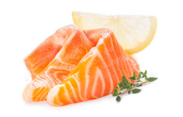 Fresh salmon sashimi slices and lemon