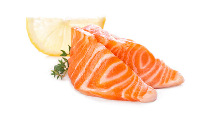 Fresh salmon sashimi slices and lemon
