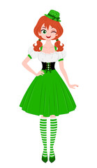 Young woman wearing green hat and irish national dress. Saint Patricks Day illustration