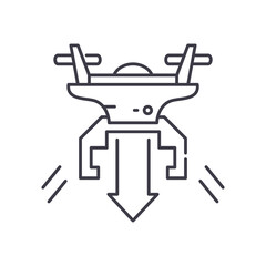 Fly down drone icon, linear isolated illustration, thin line vector, web design sign, outline concept symbol with editable stroke on white background.