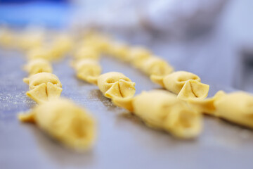 Fresh handmade pasta organized on a stainless steel table. Shot in a Pasta factory.