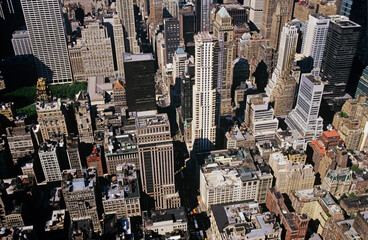 Elevated view of city with skyscrapers