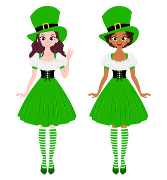Young women wearing green hats and irish national dresses. Saint Patricks Day illustration