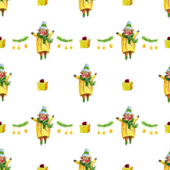 seamless pattern with watercolor illustration of a bull kid on skates and in winter clothes, presents, twig of a Christmas tree with toys. Symbol of the year 2021. for wrapping paper