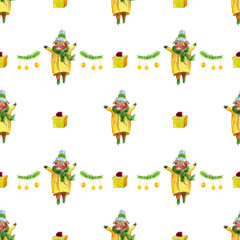 seamless pattern with watercolor illustration of a bull kid on skates and in winter clothes, presents, twig of a Christmas tree with toys. Symbol of the year 2021. for wrapping paper