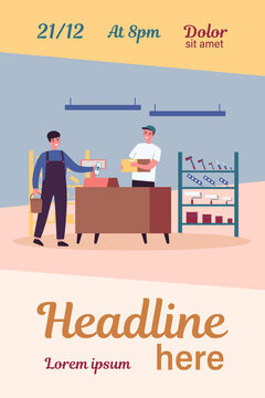 Male customer buying construction tools in store. Man standing at cash register counter and paying cash. Vector illustration for hardware construction shop, building worker, home repair concept