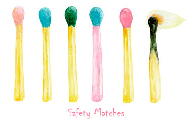 Multicolored safety matches in pastel colors. Burning match. Isolated on white. Watercolor hand drawn elements.