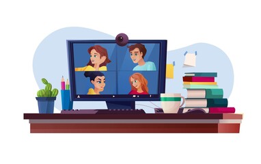 Computer screen with video conferencing, training or education. People work remotely as a team. Home office concept. Cartoon vector illustration.