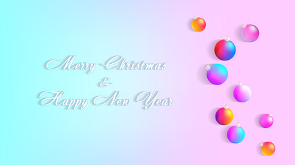 Festive poster with inscriptions Merry Christmas and Happy New Year. Toy balls of different sizes and colors with shadows. EPS10
