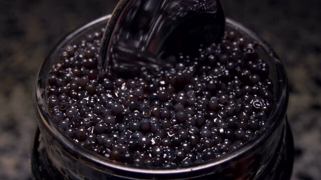 Super close-up of black caviar taken from the glass bowl with a spoon