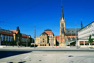 Chemnitz, East Germany, 09.09.2011.Opera and theatre  (art) house, st. peter church and blue sky in the old culture center of Chemnitz.