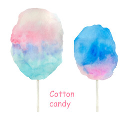 Cotton candy.  Сandyfloss. Food illustration. Watercolor hand drawn element. Isolated on white.