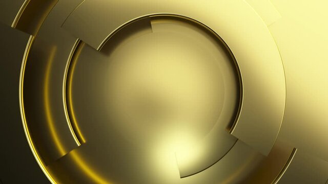 Gold modern business video background. 3D texture animation with rotating parts of a circle. Spiral surface concept. 3d render of a seamless loop.