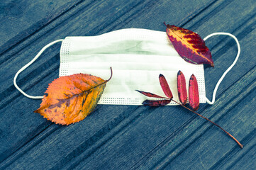 Autumn fallen leaves on a white disposable protective medical mask on a blue wooden background. Coronavirus pandemic second wave concept.