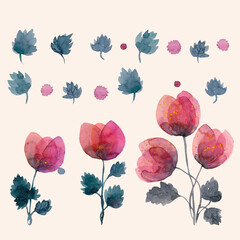 Collection of hand drawn watercolor bright red tulips. Ideal for cards, patterns, floral arrangements, frames, wedding cards and invitations