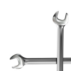Corner element, crosshairs of realistic hand wrench or spanner isolated on white background. Photo-realistic chrome metal tool. illustration