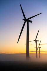 Three commercial wind turbines in thick fog at sunrise in the English countryside