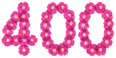 Arabic numeral 400, four hundred, from pink flowers of flax, isolated on white background