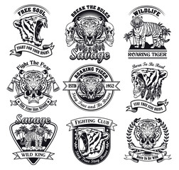 Roaring tigers set. Monochrome design elements with animal heads, human skulls in tiger skin and text. Power or wildlife concept for stamps and emblems templates