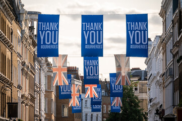 Thank You to front line workers banners and Union Jack Flags at Covent Garden