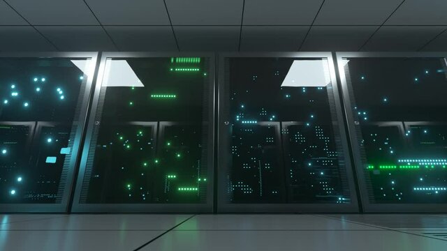 Networked and data servers behind glass panels in a server room. The camera moves on a trolley in the center of the network and data processing. Powerful servers. High quality 4K 3D animation
