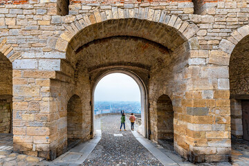 Historical Porta San Giacomo view in Citta Alta of Bergamo City