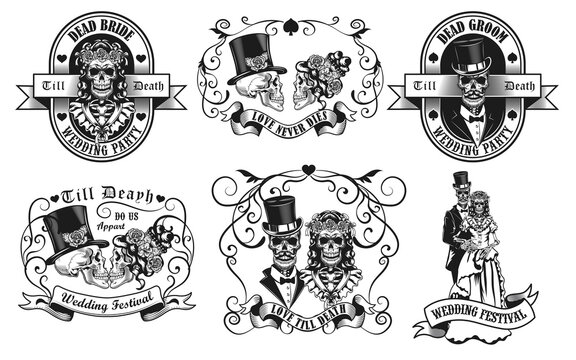 Skeletons wedding set. Monochrome design elements with grooms and brides skills wearing smoking and dress in vintage swirly frame. Love and couple concept for stamps and emblems templates