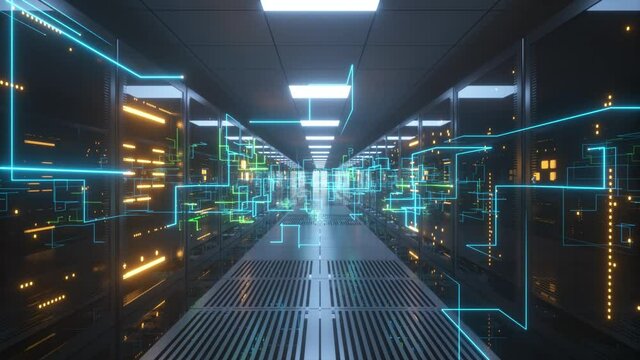 Digital information travels through fiber optic cables through the network and data servers behind glass panels in the server room of the data center. High speed digital lines