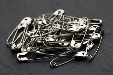 Fototapeta premium Extreme close up of a heap of safety pins on a black stone background