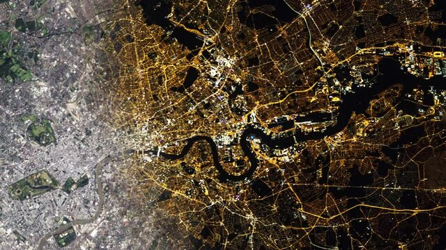 Aerial London sunrise effect animation satellite view on urban landscape night to day light. Images furnished by Nasa