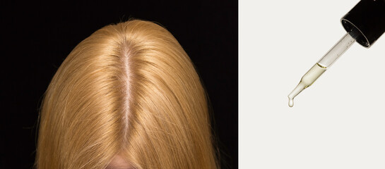 The woman's head on top, hair parted in the middle. Pipette cosmetics, skin care oil for hair.