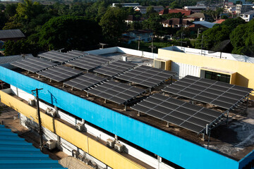 Solar panels on the roof of a hospital building