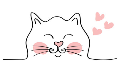 Cute cat character isolated on white background. Outline cat with hearts in doodle style. Meow. Vector hand drawn illustration. Love. Pet
