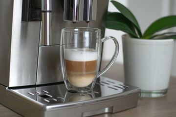 Cappuccino and coffee machine. Home breakfast 