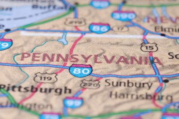 Roads on the map around the state of Pennsylvania, USA, with road numbers, photo taken in Italy, November 2020