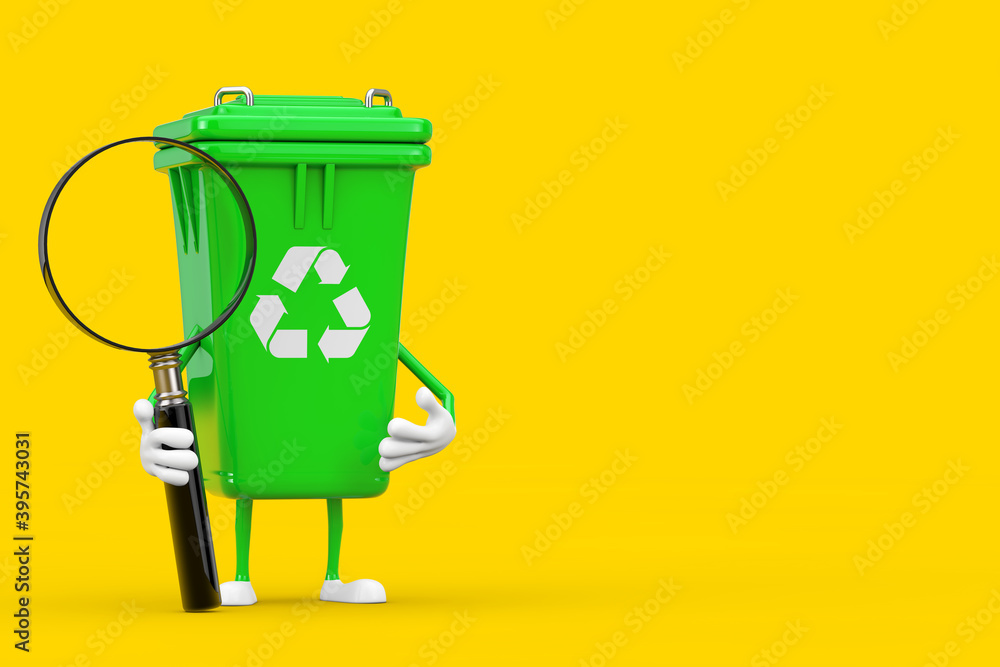 Poster recycle sign green garbage trash bin character mascot with magnifying glass. 3d rendering