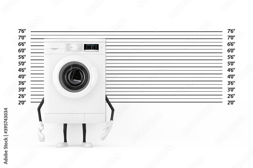 Poster modern white washing machine character mascot in front of police lineup or mugshot background. 3d re