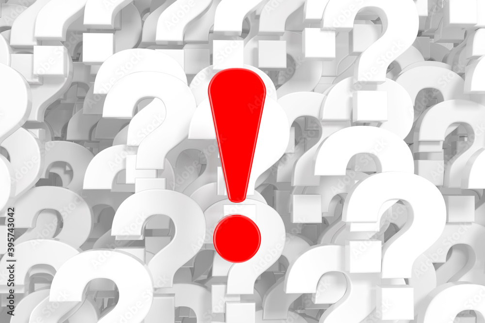 Poster red exclamation mark in front of a lot of white question marks background. 3d rendering
