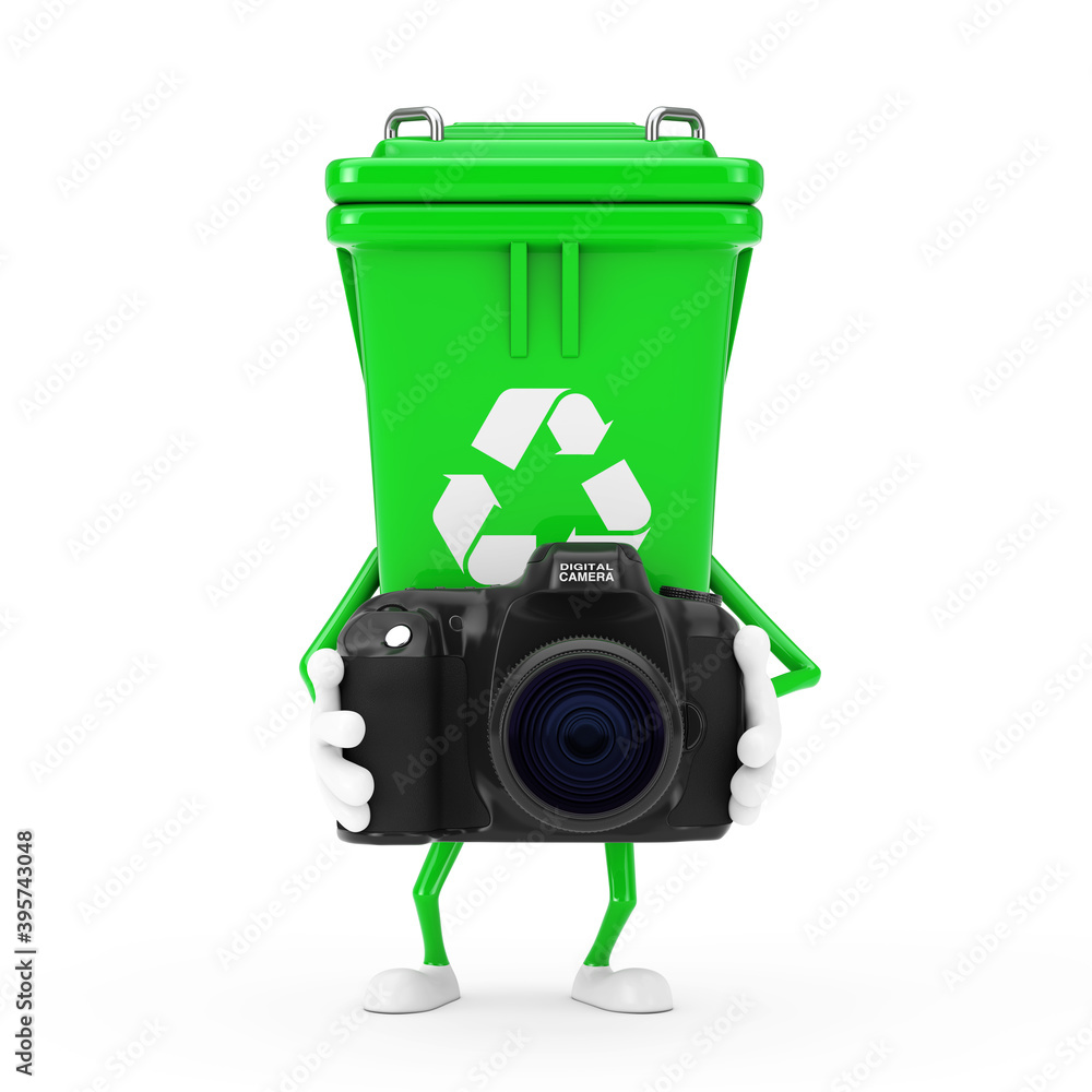 Poster recycle sign green garbage trash bin character mascot with modern digital photo camera . 3d renderin