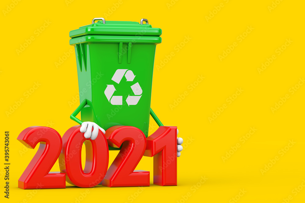 Leinwandbilder recycle sign green garbage trash bin character mascot with 2021 new year sign. 3d rendering