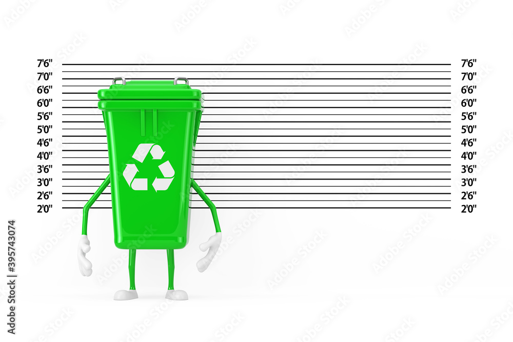 Poster recycle sign green garbage trash bin character mascot in front of police lineup or mugshot backgroun