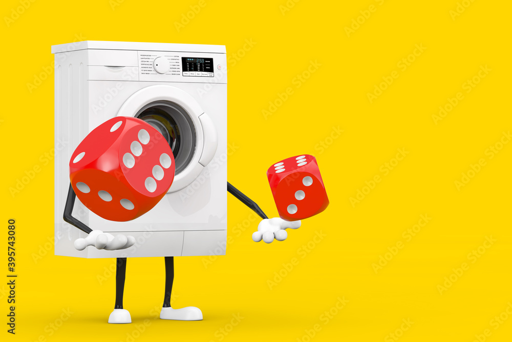Leinwandbilder modern white washing machine character mascot with red game dice cubes in flight. 3d rendering