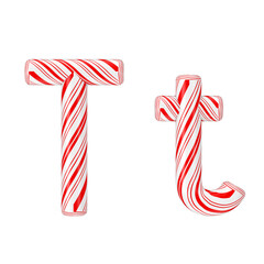 Letter T Mint Candy Cane Alphabet Collection Striped in Red Christmas Colour . 3d Rendering