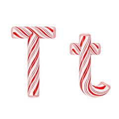 Obraz premium Letter T Mint Candy Cane Alphabet Collection Striped in Red Christmas Colour . 3d Rendering
